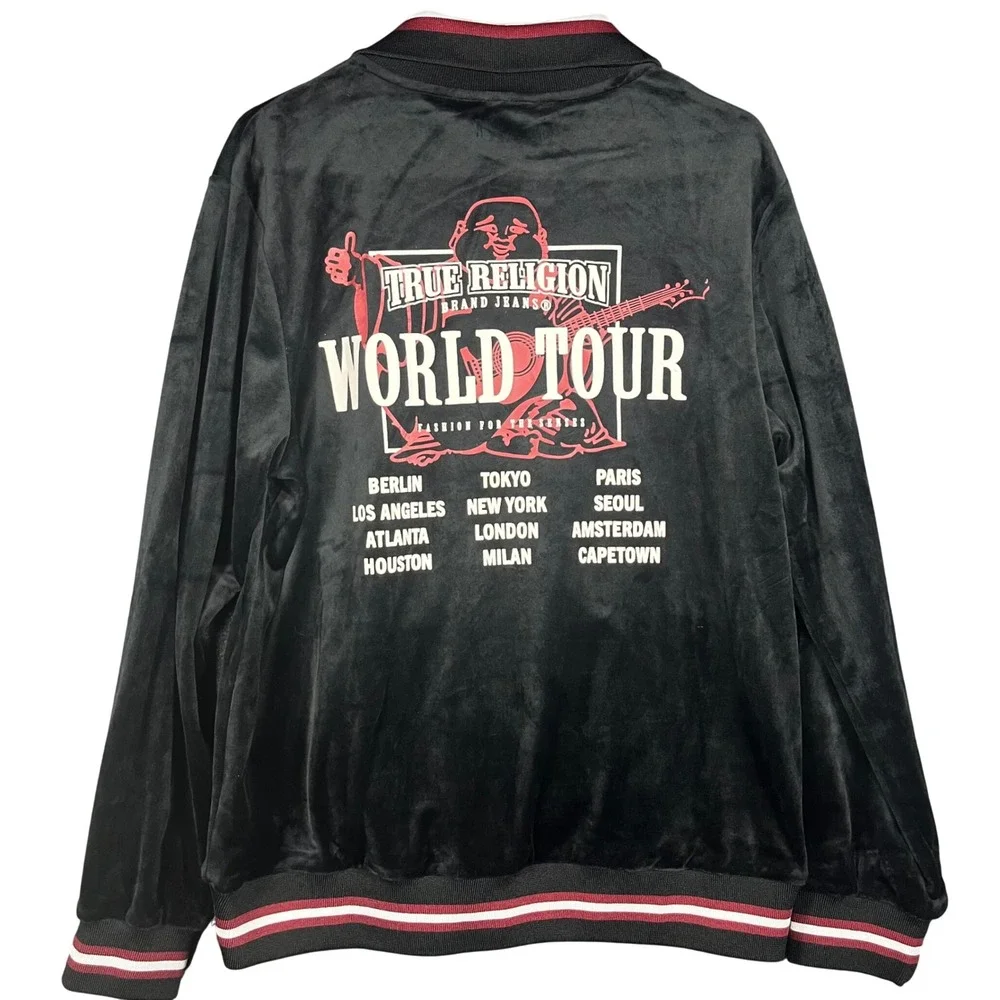 True Religion Track Jacket Mens Medium Black Velour World Tour Graphic Full Zip